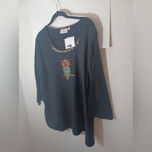 Quacker Factory Womens Black Owl Bedazzed Tee New No Tags Size XL